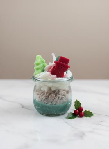 Handgegossene weiße Schneemann-Kerze auf Holztisch Geschenkidee für Freundin