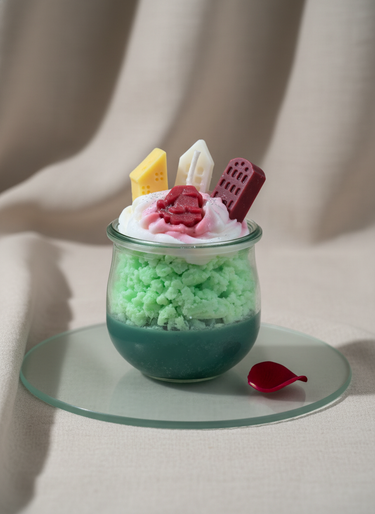 Duftkerze im Glas mit winterlichem Stadtdesign