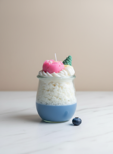 Handgegossene Sojakerze Peony in blauem Glas