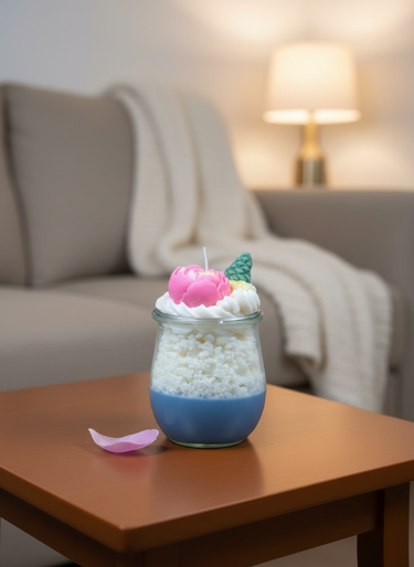 Handgegossene Sojakerze Peony in blauem Glas