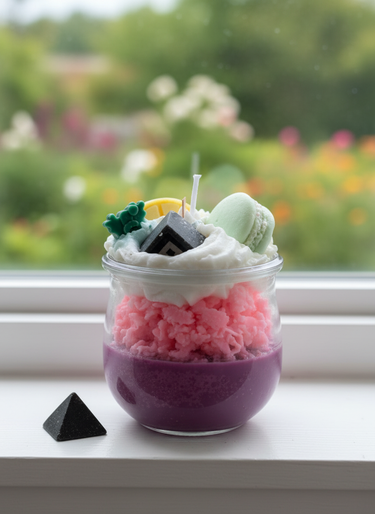 Rosafarbene Macaron Duftkerze im Glas Aufmerksamkeit zum Muttertag