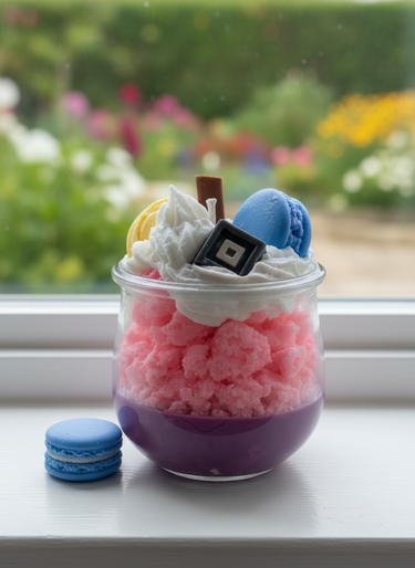 Pastellfarbene Macaron-Duftkerze im Glas vegan