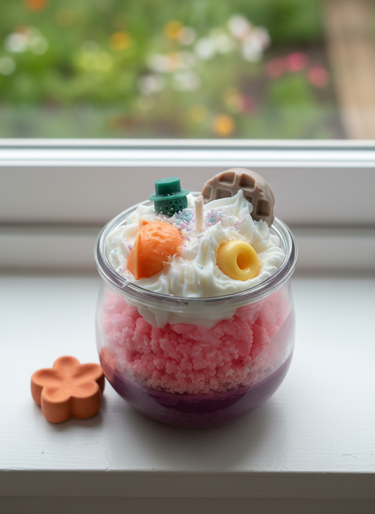 Handgemachte Duftkerze im Glas mit Donut-Macaron-Aroma