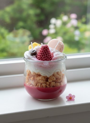 Vegane handgegossene Duftkerze im Glas Macaron-Dessert